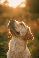 Dog looking up at the sunset with a happy expression, enjoying the warmth and light of nature.