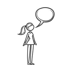 A stick figure woman with a ponytail and a speech bubble above her head