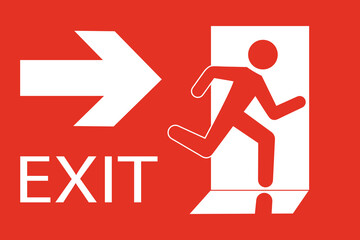 Safety vector symbol. Emergency exit sign. People running out fire exit. Running people and exit door sign. Escape help evacuation.