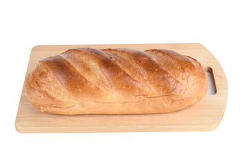 Cutting board with a loaf of white bread with a crispy crust on a white background.