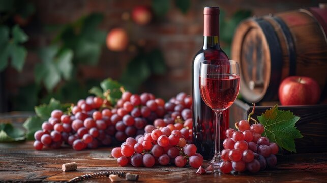 Bottle and glass of rose wine standing on a wooden table with fresh red grapes and an apple