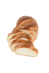Sliced loaf of white bread on white background.