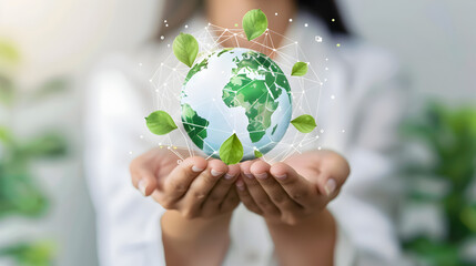 Green energy: Save the planet. A businessman holds a virtual globe with green leaves