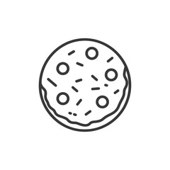 A black and white line art illustration of a round cookie with sprinkles and chocolate chips