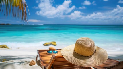 A close-up of a straw hat resting on a wooden beach lounger, with a view of the turquoise ocean and white sandy beach in the background.