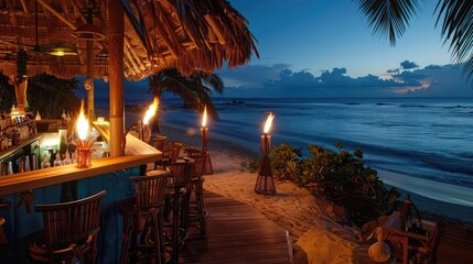 Tropical beach bar at sunset with tiki torches and ocean views.