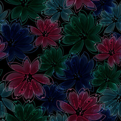 Simple flowers with leaves. Primitive peonies vector silhouettes.