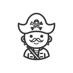 Line Art Illustration of a Cartoon Pirate with a Skull and Crossbones Hat