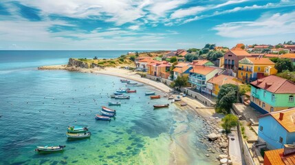 Fototapeta premium Aerial view of a colorful coastal town with boats in the bay.