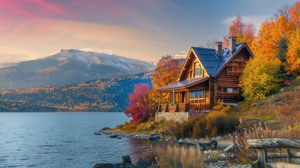 Fototapeta premium Vacation house with scenic view in Fall with colorful foliage by lake