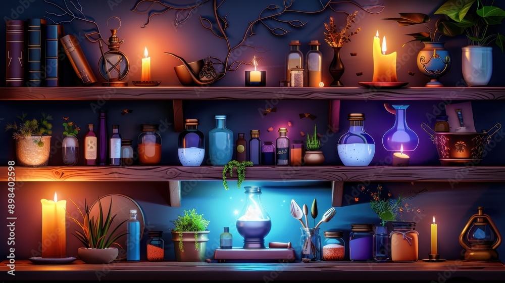 Wall mural Friendly witches' kitchen, potions and spells, flat design illustration