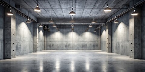 Obraz premium Sparse industrial interior with concrete walls and dark atmosphere, accentuated by spotlights, providing ample copy space for modern design and advertising concepts.