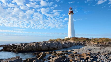 Tall white lighthouse on a rocky coast with a blue sky and white clouds.
