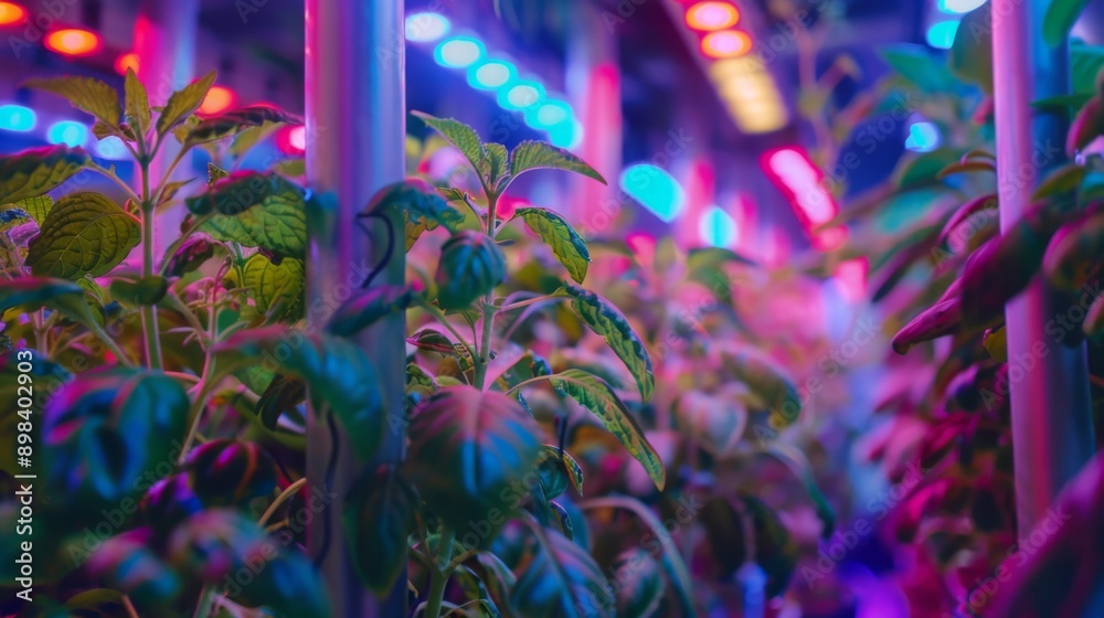 Poster close-up of plants growing under a series of artificial lights in a vertical farm.
