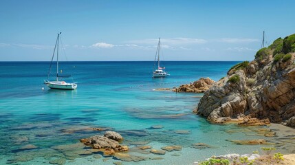 Three sailboats anchored in a crystal-clear cove with rocky cliffs.