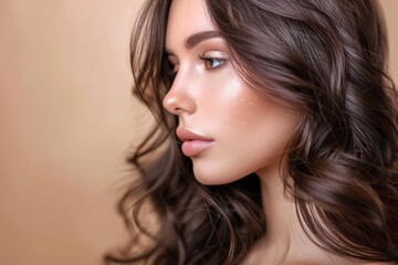 Fototapeta premium A stunning side profile of a young woman with flawless skin, highlighting her natural beauty and radiant glow.