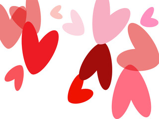 Red hearts confetti. Scatter cornered border on white valentine background.