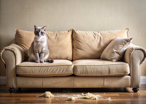 Lonely feline lounges on a worn beige couch, leaving behind a trail of pet dander, a common allergen culprit, on the rumpled upholstery and surrounding air.