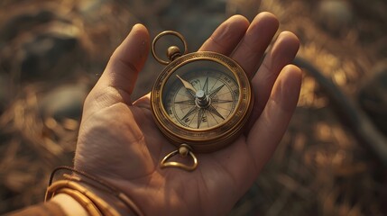 Hand Holding a Compass: A hand holding a brass compass, evoking a sense of adventure and direction.
