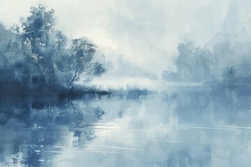 Fototapeta premium Soft, diffused washes creating a sense of calm and tranquility, Serene river with misty atmosphere and lush trees along the banks, AI generated