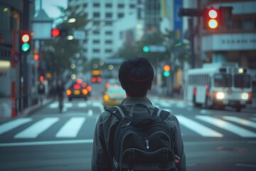A man with a backpack stands at a city intersection, observing the urban street scene with traffic and lights.