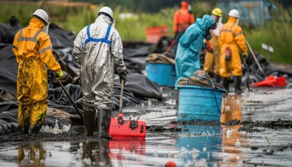 Workers In Protective Suits Clean Up Oil Spill In Muddy Area