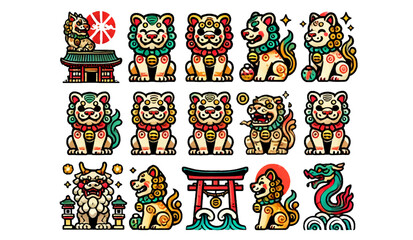 Set of Kawaii Shisa Statues from Okinawa in Various Poses