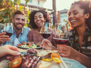 Happy group of friends at a garden patio gathering. Wine glasses being raised in cheers.