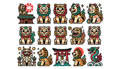 Set of Kawaii Shisa Statues from Okinawa in Various Poses