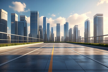 Fototapeta premium Modern building and concreted floor with city skyline as a backgrund.