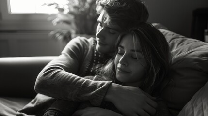 A loving couple sharing a hug on a comfortable couch indoors.