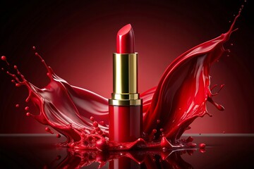 Vibrant red lipstick tube lies opened on a rich, dark red background, surrounded by a dramatic splash of red liquid, evoking luxury and sophistication.