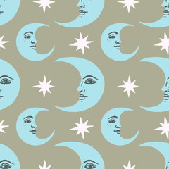 Vector seamless pattern with moon and stars. Vintage background in boho style.