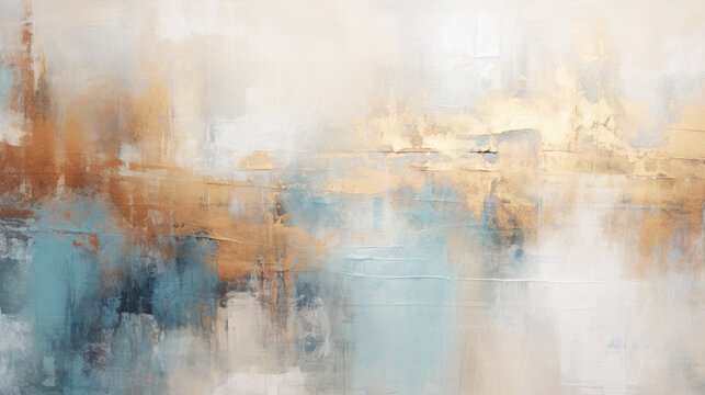 Fototapeta Abstract minimalist background design for wall decoration, poster using pastel blue, beige and golden paints. Contemporary art, oil painting.