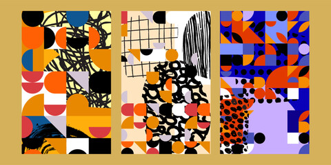 Abstract Bauhaus geometric pattern colorful vector background set. Circle, triangle, square lines art  swiss poster, brochure, banner design.