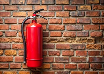 Obraz premium A red fire extinguisher is firmly mounted to a rustic brick wall, ready for emergency use, symbolizing fire safety and preparedness in industrial settings.