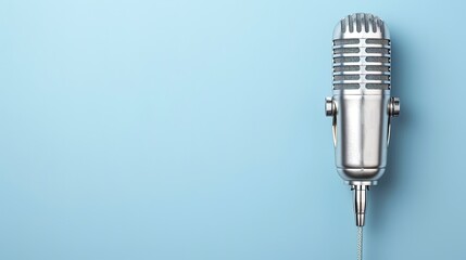 A condenser microphone with a shock mount is positioned on a blue background, with a white sound wave graphic to its left.