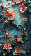Elegant colorful with vibrant flower hanging branches illustration background. Bright color 3d abstraction wallpaper for interior mural, Generated by AI	