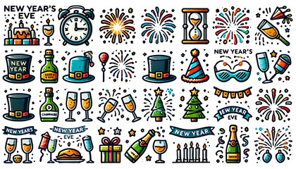 New Year's Eve Celebration Elements with Fireworks and Champagne