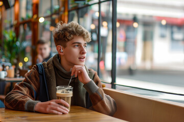 Happy deaf teenager with modern hearing aid, sitting in a cozy cafe, Joyful teen wearing a contemporary hearing device, seated in a warm cafe, relishing the moment, and beaming widely, copy space
