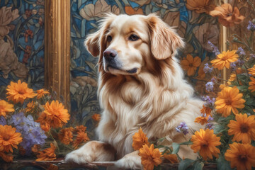 A painting of a dog surrounded by flowers, dog portrait painting.
