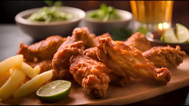 A plate of golden crispy fried drumstick and chicken wings, tasty unhealthy fast food snack.