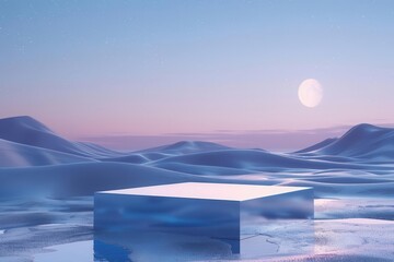 A product presentation on a sleek square podium set in a moonlit desert mirage with shimmering sand