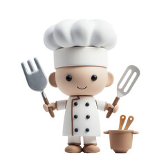 A cheerful cartoon chef character, wearing a white chef's hat and coat, holding cooking utensils and a pot, embodying a playful culinary theme