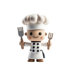 A cheerful cartoon chef character holding two forks, wearing a classic white chef's outfit and a tall chef's hat, embodying a friendly and playful cooking theme