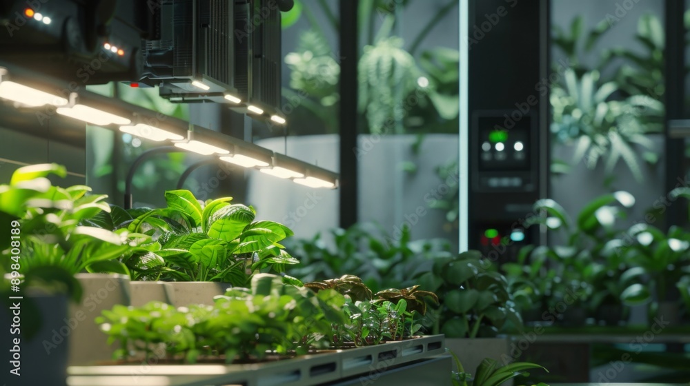 Aufkleber indoor garden with plants glowing under artificial lights. mounted to the ceiling for optimal growth
