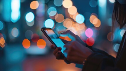A woman uses her phone in the city at night, surrounded by a bokeh of colorful lights.