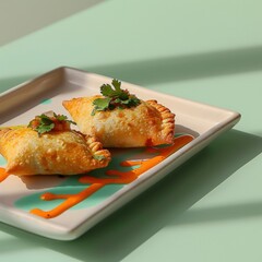 Golden Empanadas with Vibrant Sauce on Mint Green