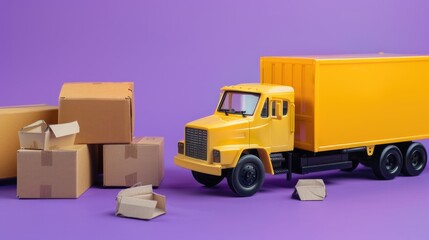 Colorful toy model of delivery vehicle with cardboard packaging materials, ready for transportation.