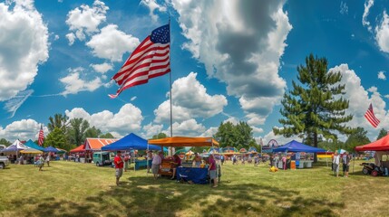 People enjoying a summer festival with rides, food, entertainment and vendors with a large american flag waving in the background